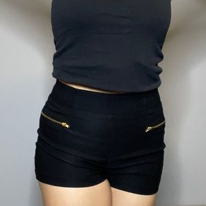 Black Stretchy Shorts with Gold Zipper Accents